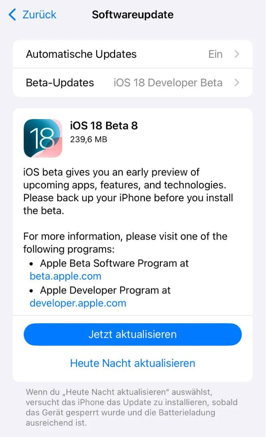 郑场镇苹果手机维修分享苹果 iOS / iPadOS 18 开发者预览版 Beta 8 发布 